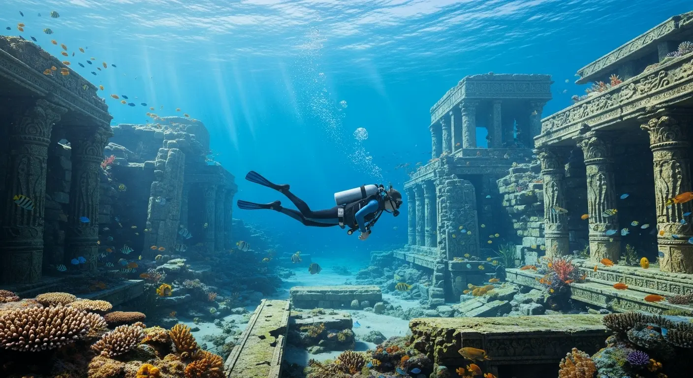 Tauchen, um Unterwasser-Ruinen oder Schätze zu erkunden